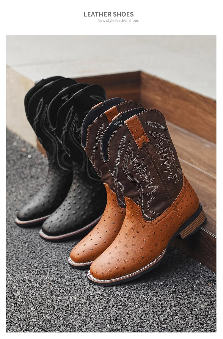 Men's Classic Retro Western Cowboy Boots Embossed Leather Mens Fashion Embroidery Mid-Calf Boot High top Casual Shoes for Men - Sun Studio