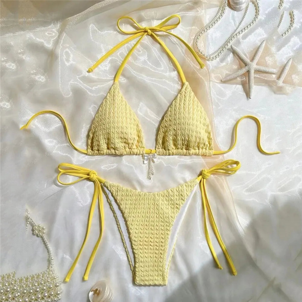 Yellow Halter String Triangle Micro Bikini Thong Solid Swimwears Bow Pearl Sexy Swimsuit Women Bathing Suit Bikinis Sets 2026 - Sun Studio
