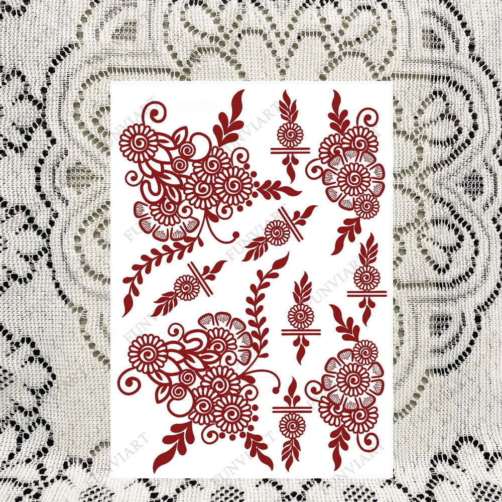 Brown Henna Tattoo Stickers for Hand Foot Waterproof Temporary Tattoos for Women Maroon Color Fake Tattoo for Wedding Body Art - Sun Studio
