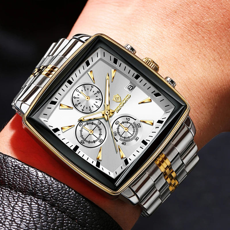 Square Men Chronograph Multifunction Watches Date For Male Clock Quartz Stainless Steel Band Wrist Watches Men Trendy Fashion - Sun Studio