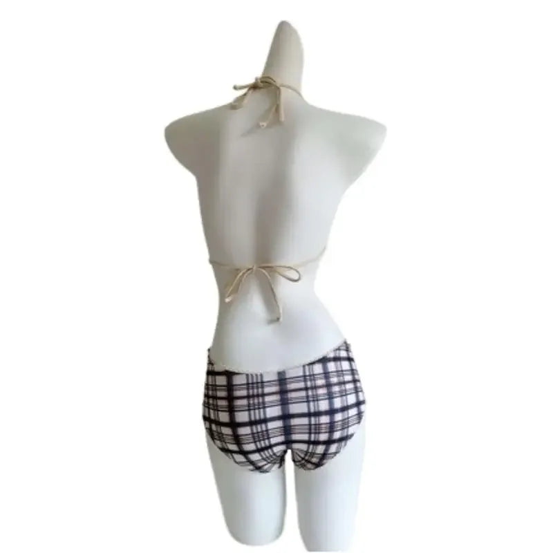 Low-Waist Plaid Bikini with Drawstring Strap Thermal Spring Swimsuit Women's Fashionable Vintage Lace Detailing By-Jane - Sun Studio