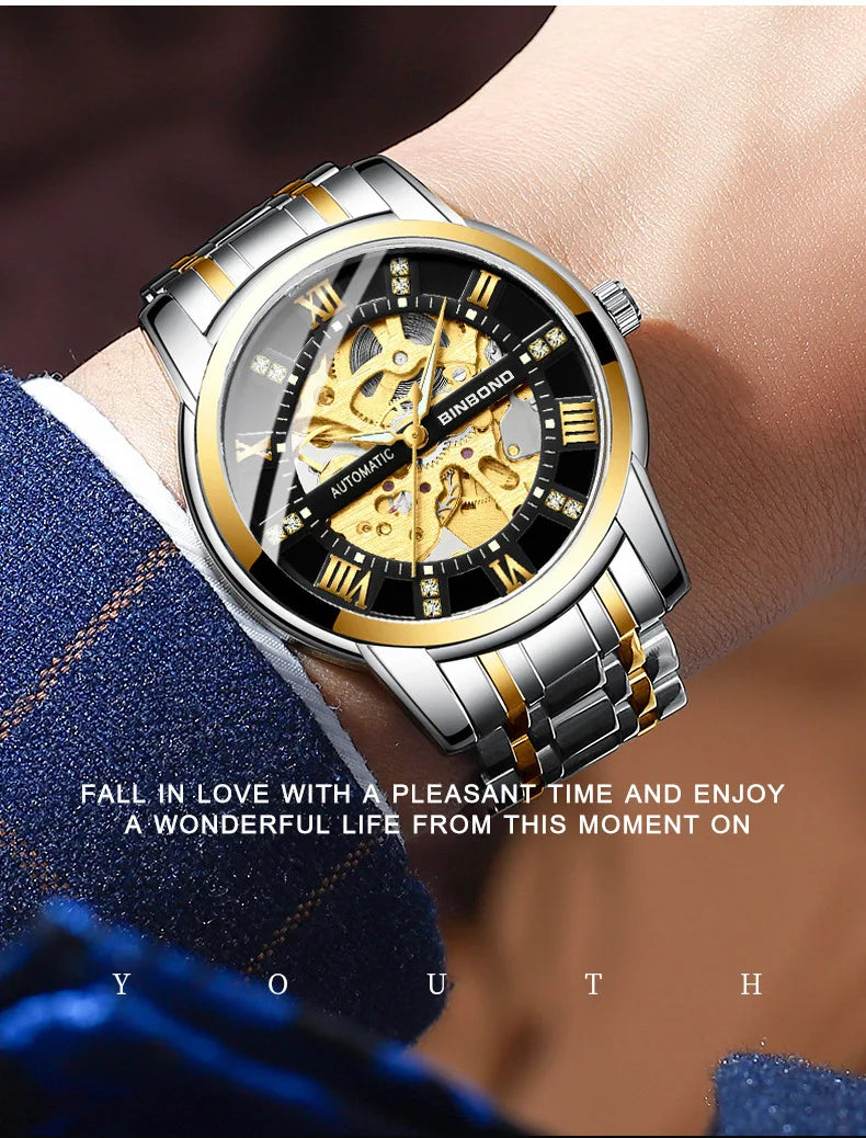 Bindond Mens Automatic Mechanical Watches Top Brand Luxury Stainless Steel Waterproof Hollow Male Wristwatches Relogio Masculino - Sun Studio