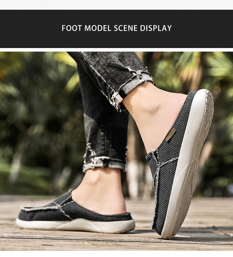 Casual Slip on Mens Shoes Outdoor Walking Comfortable Canvas Slippers Korean Trend Baotou Half Drag Slides Zapatillas Hombre - Sun Studio