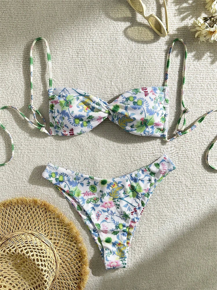 Circyy Printed Swimsuit Women Backless Lace Up Beachwear Fashion Hot Spring Swimwear Summer New Two-piece Sexy Split Swimsuit - Sun Studio