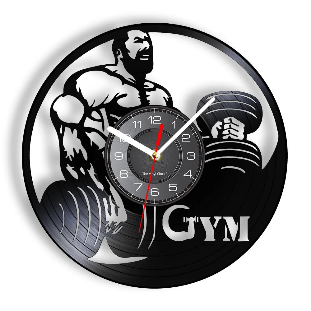 Fitness Equipment Theme Vinyl Record Fitness Wall Clock Home Decoration LED Backlight Modern Fitness Watch - Sun Studio
