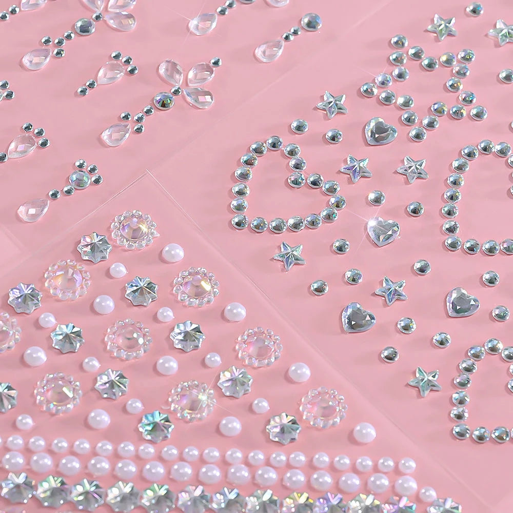 1Sheet 5D Mixed Shell Aurora Rhinestone Girl Face Stickers Hollow Star/Moon/Heart Self-Adhesive Cute Girl Make Up Diamond Decal - Sun Studio