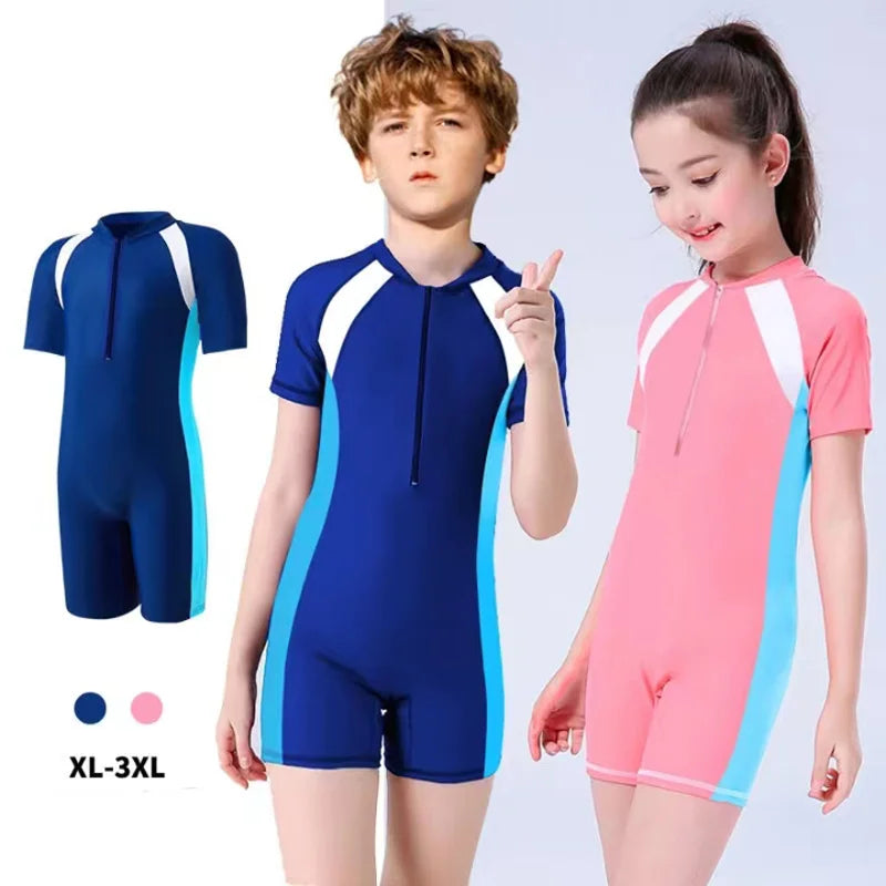 Children's Swimsuit Boys And Girls One-Piece Swimsuit Short-Sleeved Beach Sunscreen Professional Training Swimsuit - Sun Studio