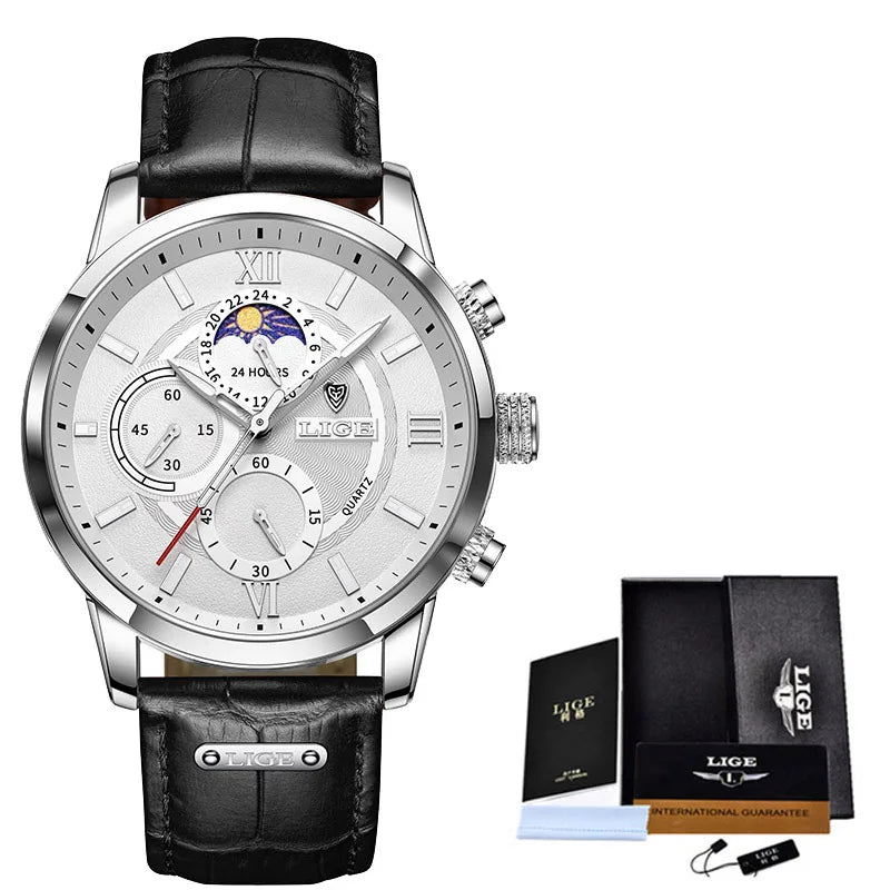 LIGE 2024 Brand New Men's Watches Leather Chronograph Waterproof Sports Automatic Date Quartz Watches for Men Relogio Masculino - Sun Studio