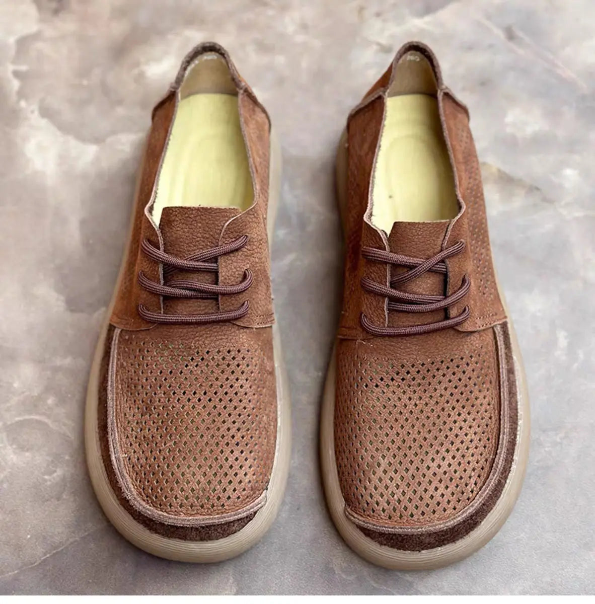Wide toe hollow natural leather shoes men's 2025 summer new cowhide punched breathable soft leather soft sole singlecasual shoes - Sun Studio
