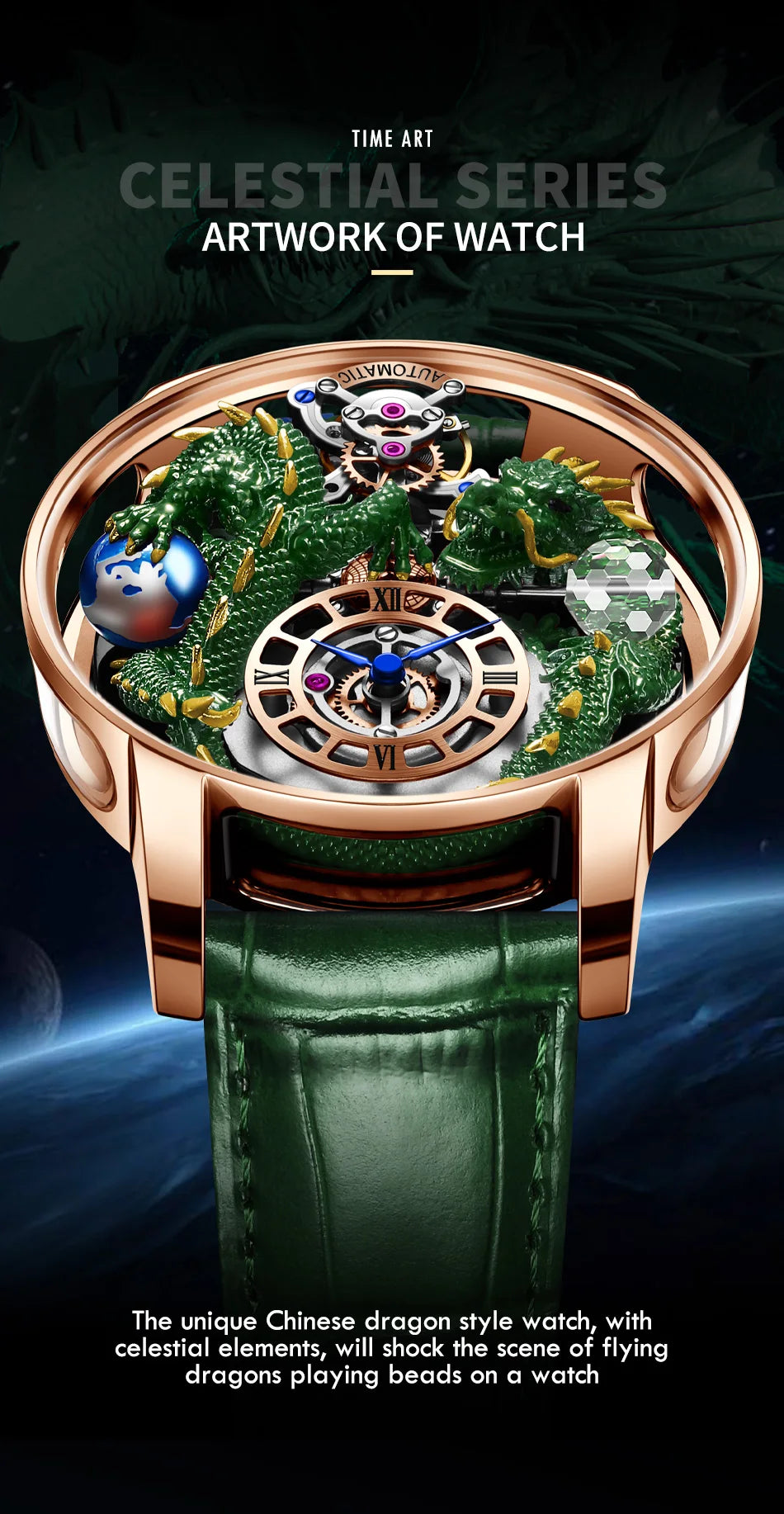PINDU Design New 3D Dragon Earth Theme Quartz Watches Men Celestial Series Curved Mirror Transparent Design Watch Wristwatches - Sun Studio