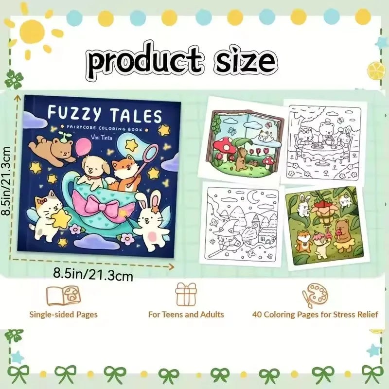 Fuzzy Tales Fairycore Coloring Book for Adults & Teens Featuring Adorable Animals Characters Fuzzy Friends Coloring - Sun Studio