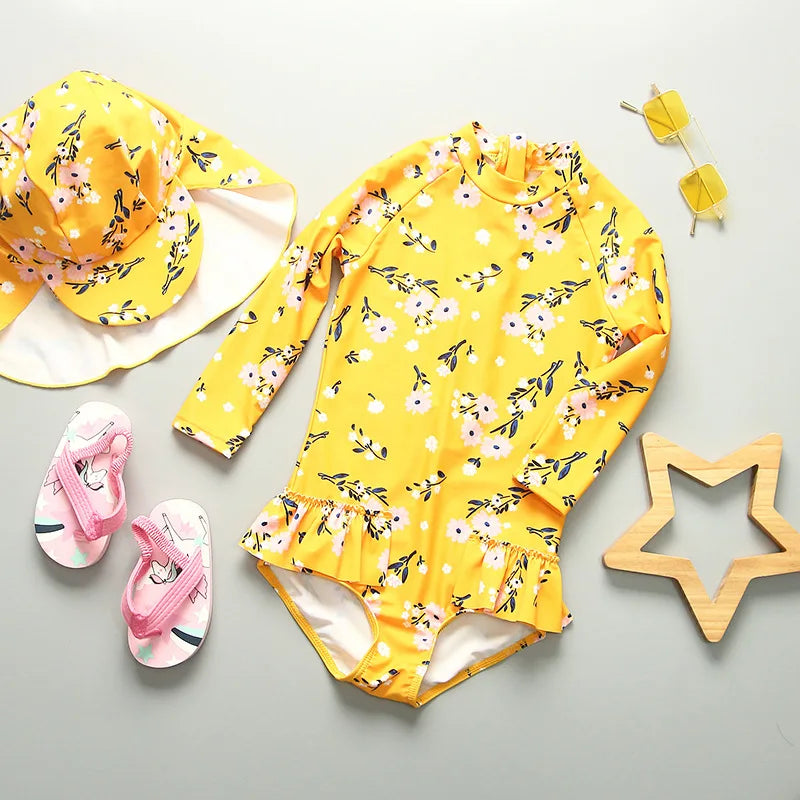 UPF50 Girls Swimwear Long Sleeves Floral Baby Swimsuit UV Protection Children's Swimming Suit Beach Summer Toddler Bathing Suit - Sun Studio