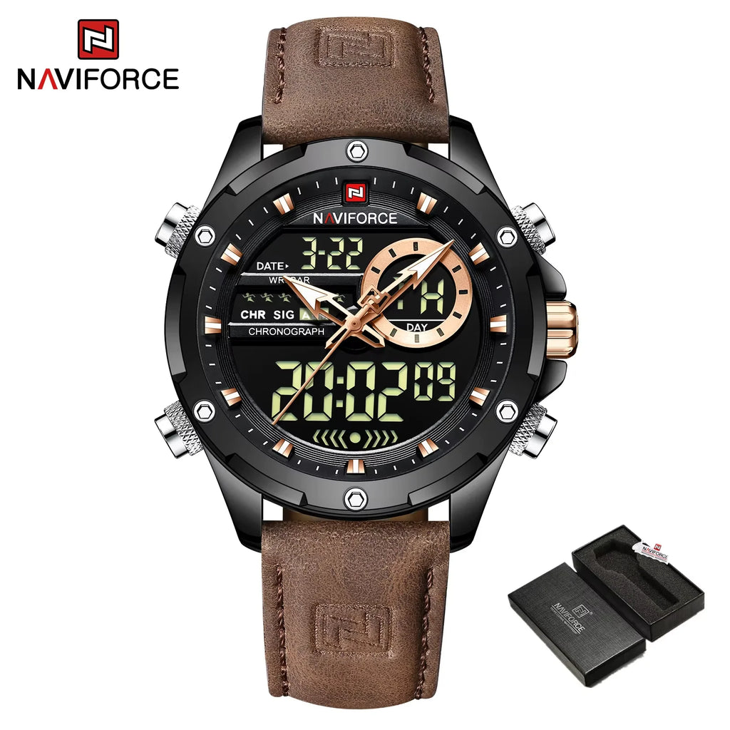 NAVIFORCE Luxury Original Watches For Men Casual Sport Chronograph Alarm Quartz WristWatch Leather Waterproof Digital Clock 9163 - Sun Studio