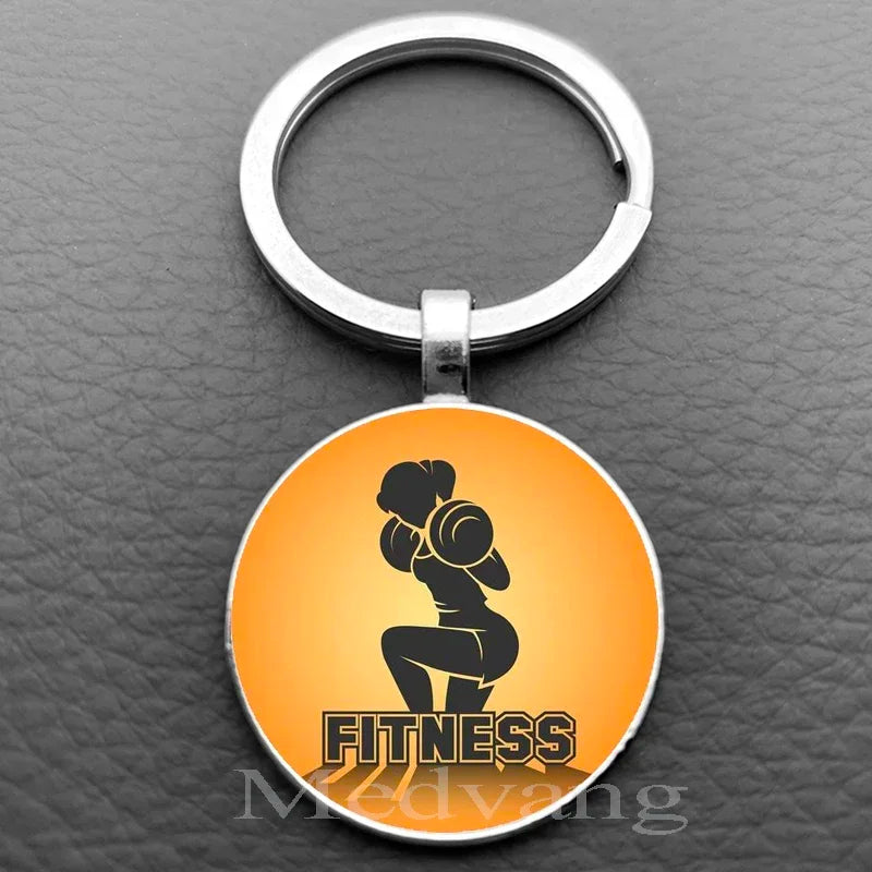 Weightlifting Fitness Pattern Keychain Loves Fitness Men and Women Exclusive Glass Round Keychain Gift for Fitness Club - Sun Studio