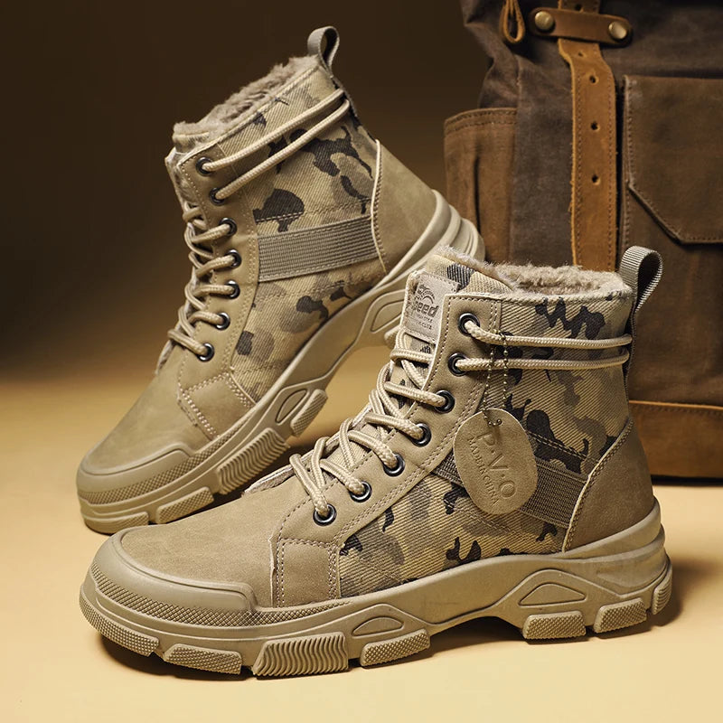 New Men's Winter Camouflage Ankle Boots Fur Lined Warm Non-Slip Outdoor Tactical Work Boots for Male - Sun Studio