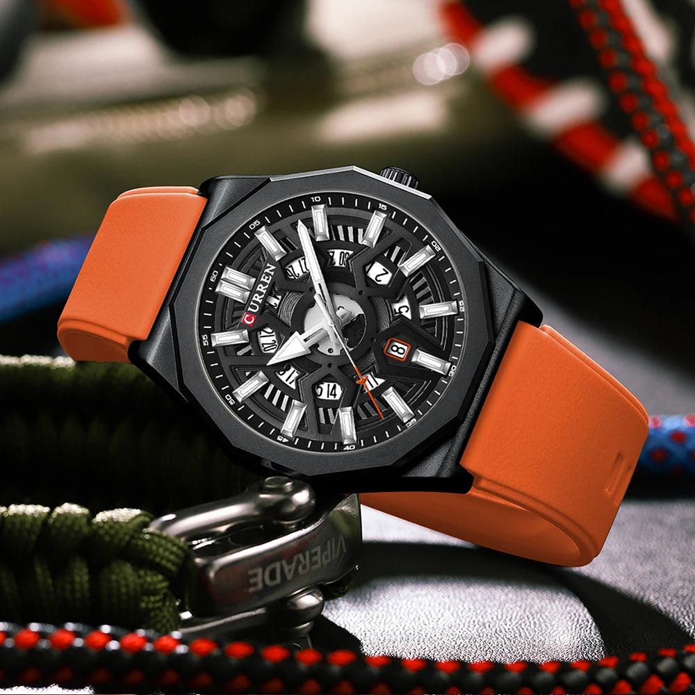 CURREN Fashion Creative Design Watches Men Quartz Silicone Strap Date Wristwatches for Male Clock with Luminous Hands - Sun Studio