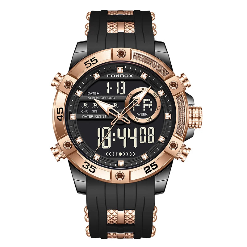 FOXBOX LED Dual Display Quartz Watch Soft Silicone Waterproof Luminous Digital Date Mens Watches Fashion Chronograph Man Watch - Sun Studio
