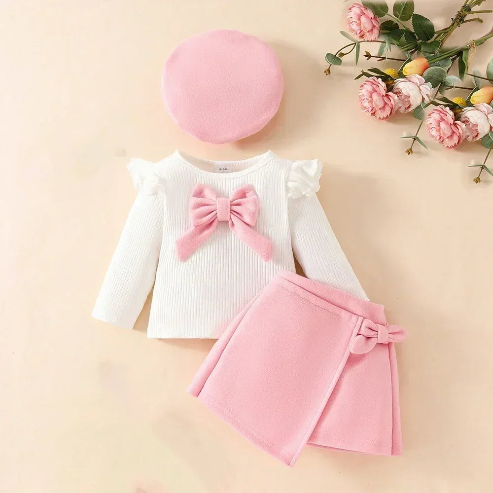 Baby Girls Clothes New Year Set 0-3Y Long Sleeve Big Bow Top Irregular Skirt and Beret 3Pcs Toddler Christmas Clothes - Sun Studio