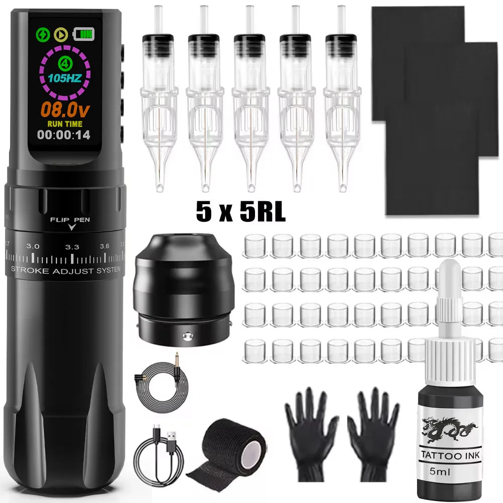 Professional Wireless Tattoo Machine Kit Wireless Rotary Tattoo Pen with Tattoo Cartridge Needles Inks for Tattoo Beginners Set - Sun Studio