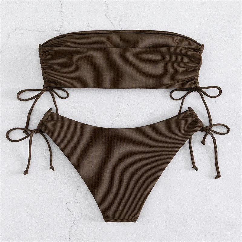 2025 Sexy Low Waist Swimwear New Solid Bandeau Bikini Set Women Push Up Drawstring Beachwear Swimsuit Backless bathing suit - Sun Studio