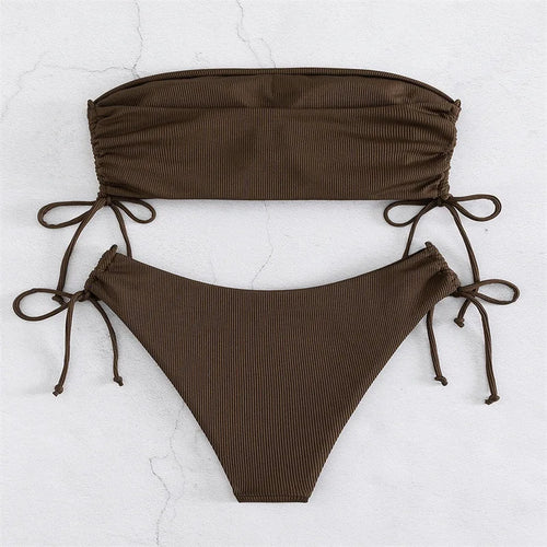 2025 Sexy Low Waist Swimwear New Solid Bandeau Bikini Set Women Push Up Drawstring Beachwear Swimsuit Backless bathing suit - Sun Studio