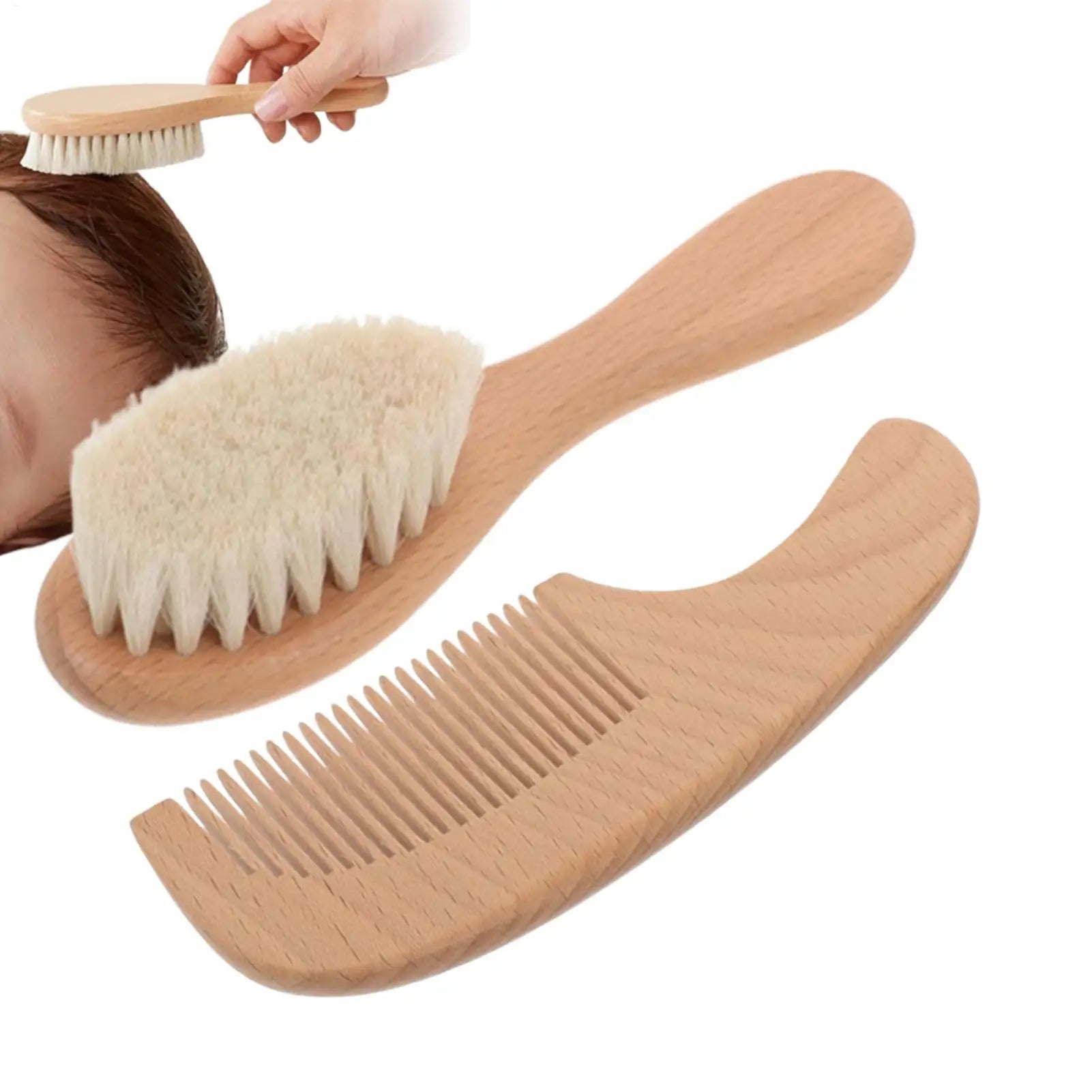 Kids Hair Brush Set Natural Soft Bristles Wooden Handle Baby Detangling Comb Styling Care Scalp Massage for Girls Home Daily - Sun Studio