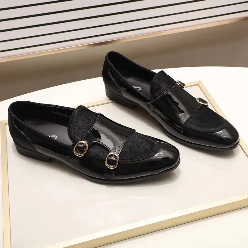 FELIX CHU Men's Patent Leather Monk Strap Dress Shoes Wedding Loafers Horse Hair Detail Casual Formal Party Gentlemen Footwear - Sun Studio