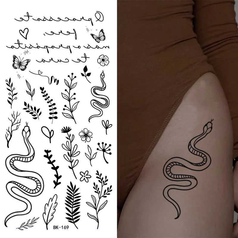 Black White Temporary Transfer Tattoos Floral Butterfly Lettering Line Art Waterproof Body Stickers for Music Festival Party