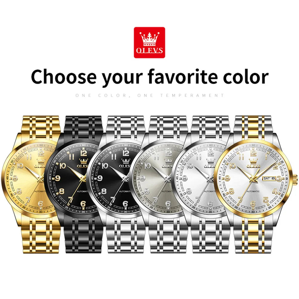 OLEVS Men Watches 7077 Luxury Fashion Top Brand Original Automatic Mechanical Watch for Man Double Scale Simple Trend Waterproof - Sun Studio