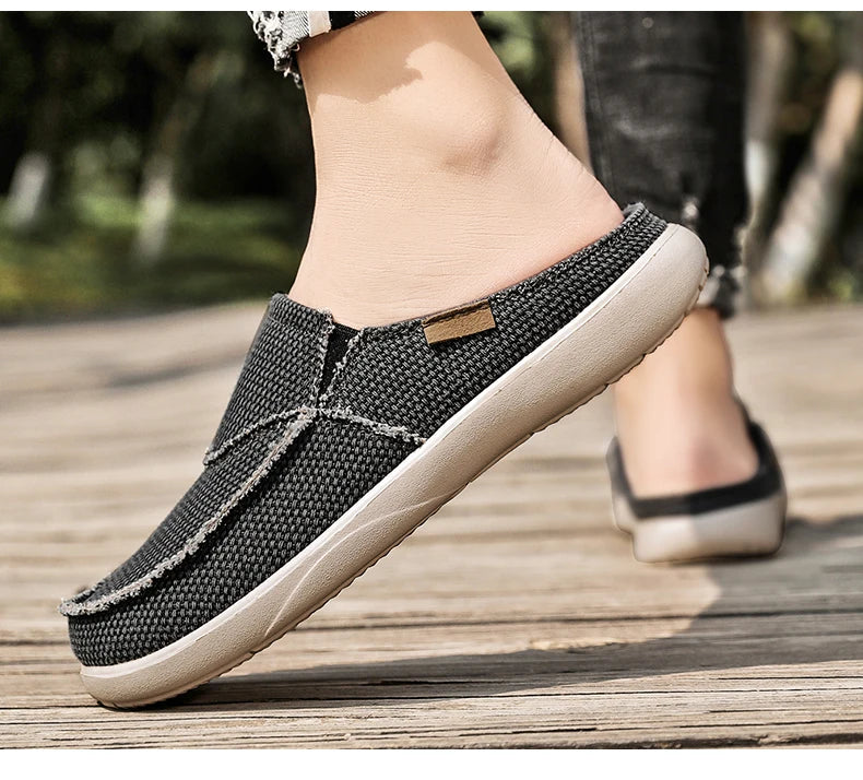 Casual Slip on Mens Shoes Outdoor Walking Comfortable Canvas Slippers Korean Trend Baotou Half Drag Slides Zapatillas Hombre - Sun Studio