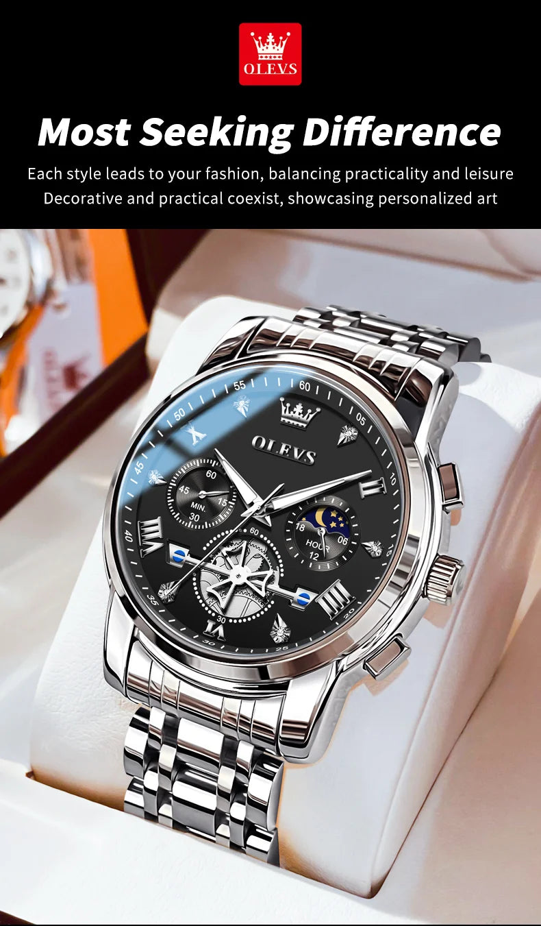OLEVS Men's Watches Classic Multifunctional Flywheel Design Stainless steel Waterproof Moon Phase Men's Wristwatches 2024 Trend - Sun Studio