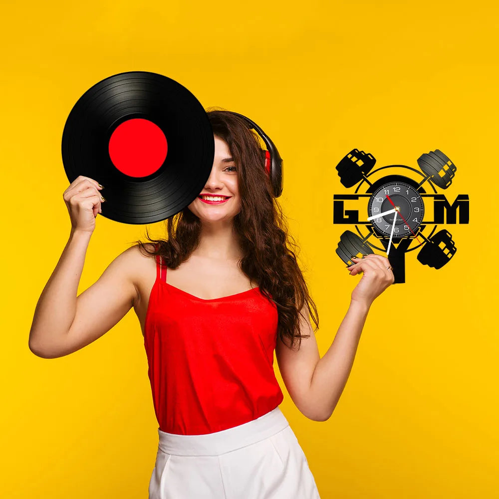 Fitness Equipment Theme Vinyl Record Fitness Wall Clock Home Decoration LED Backlight Modern Fitness Watch