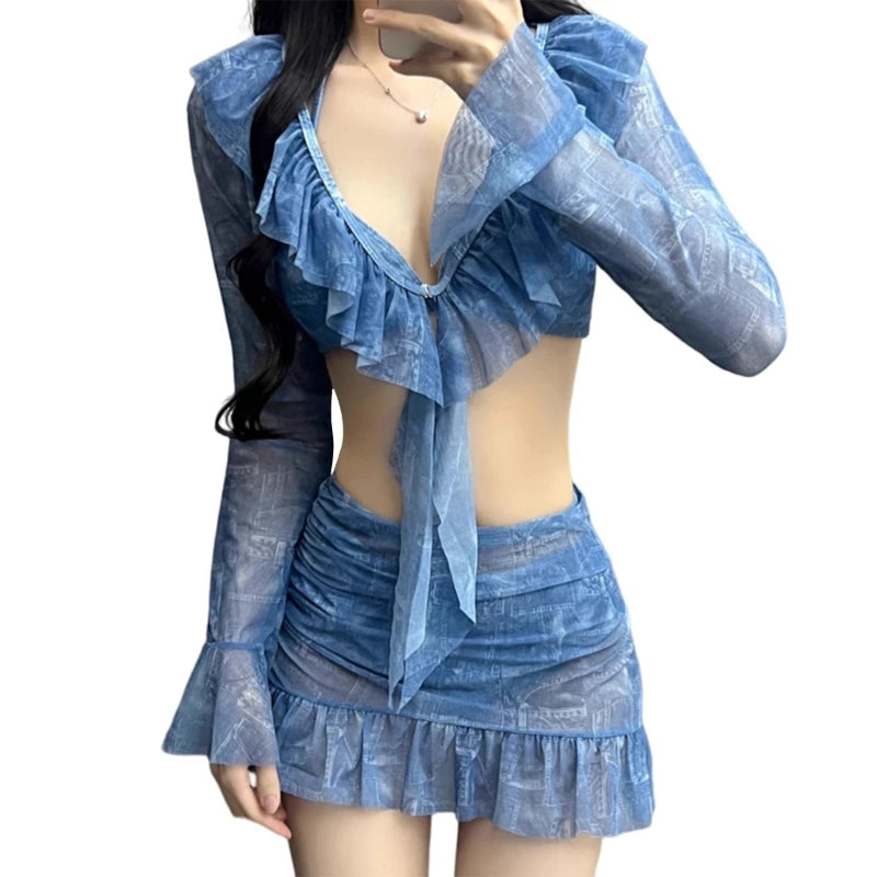 4 Pieces Swimsuit for Women Halters Swimming Suit Long Sleeves Swimwear with Cover Up & Beach Skirt Summer Bathing Suit - Sun Studio