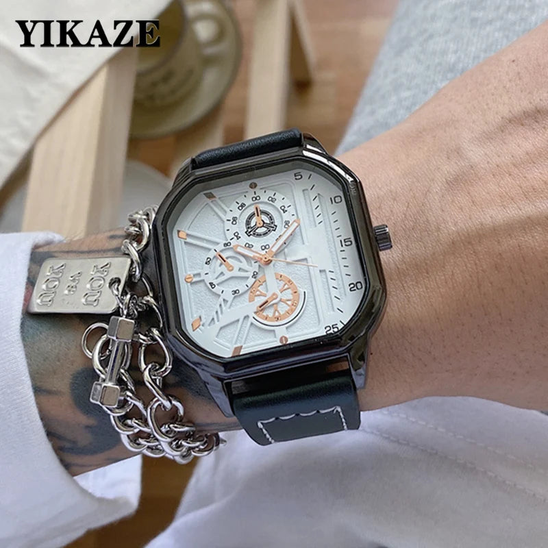 YIKAZE Alloy Men Quartz Watches Leather Strap Big Dial Student Square Sports Watch Cool Black Men's Watch Waterproof  Wristwatch - Sun Studio