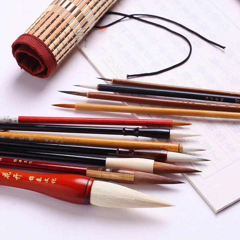 7/11Pcs Chinese Calligraphy Brush Set Kanji Japanese Sumi Painting Drawing Artist Writing Brushes With Roll-up Bamboo Pen Bag - Sun Studio