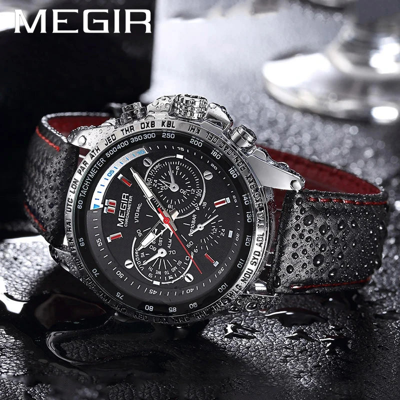 MEGIR Fashion Man's Quartz Analog Wristwatch Brand Waterproof Luxury Leather Watches for Men Casual Black Watch Male 1010 - Sun Studio