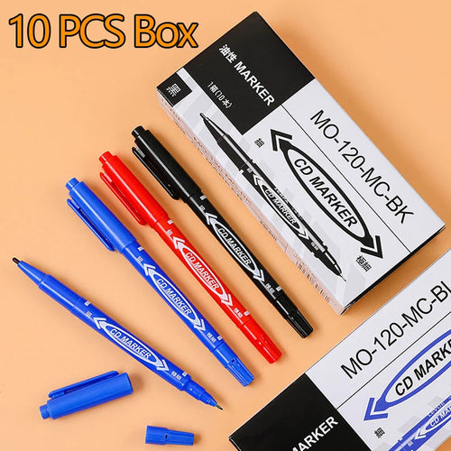 10pcs Wholesale Twin Tip Permanent Marker Pen Fine Point Waterproof Ink Thin Nib Crude Nib Black/Blue/Red Ink 0.5-1mm Fine Color - Sun Studio