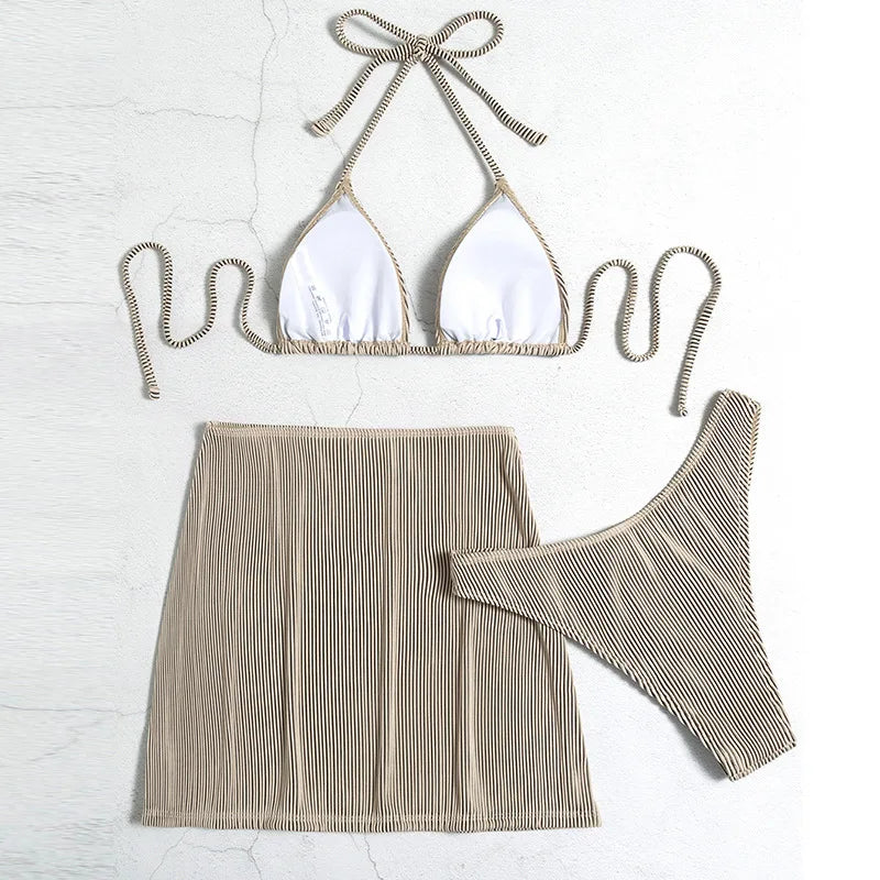 3 Pieces Ribbed Bikinis 2026 Halter Triangle Swimsuit & Skirt Swimwear Women Bathers Bathing Swimming Swim Suit Female Beachwear - Sun Studio