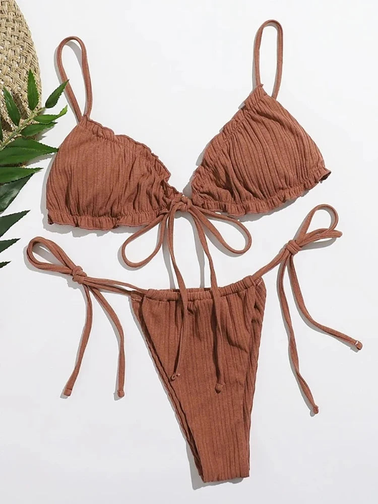 New 2025 Sexy Swimsuit Pit stripe Bikini Women Swimwear  Bathing Suits Push Up Biquinis Bandage Beachwear Solid Bikini Sets - Sun Studio