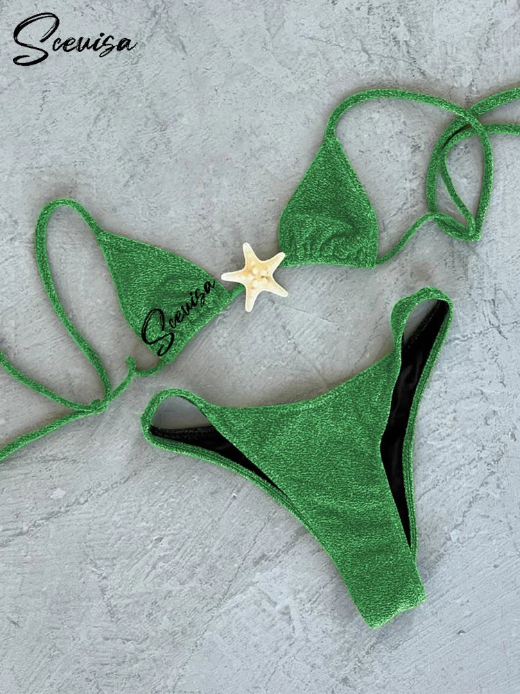 2024 New Sexy Low Waisted Bikini Set Swimsuit Starfish Swimwear Women Solid Strappy Beachwear Bathing Suits Brazilian biquini - Sun Studio