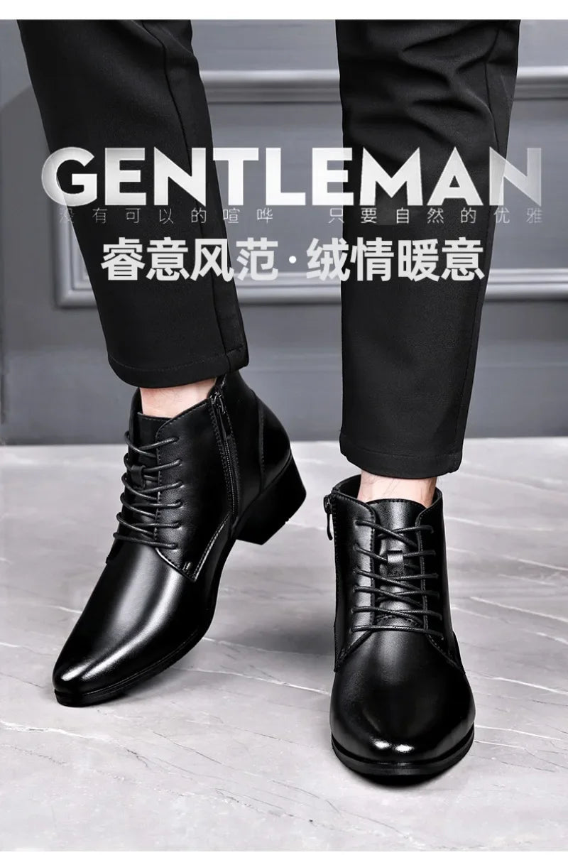 Men's Boots Fashion High-top Casual Boot Pointed Tip Business Leather Boots for Men Plush Warm Winter Boots Lace Up Ankle Botas - Sun Studio