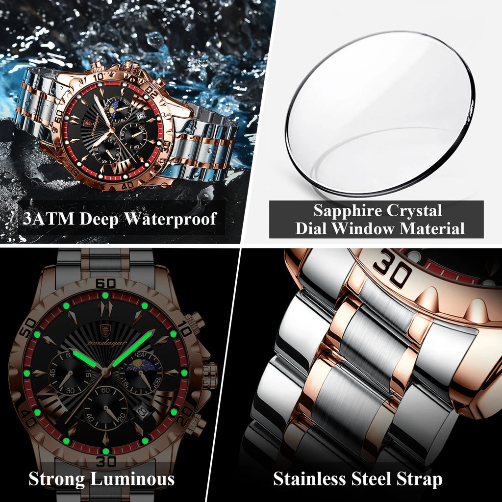 POEDAGAR Luxury Watch for Man Luminous Waterproof Chronograph Date Men Watch High Quality Stainless Steel Quartz Men's Watches - Sun Studio