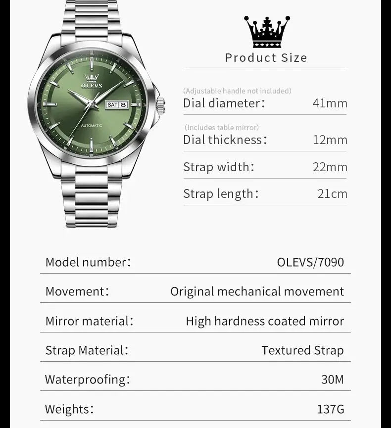 OLEVS 7090 Luxury Men's Watches Original Brand Automatic Mechanical Watches For Man Steel Strap Simple Business Men's Wristwatch - Sun Studio