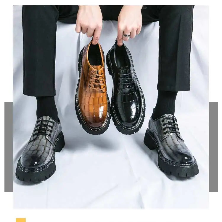 New Black Men Shoes Lace-up  Round Toe Stone Pattern Brown Gray Men Dress Shoes Size 38-46 - Sun Studio