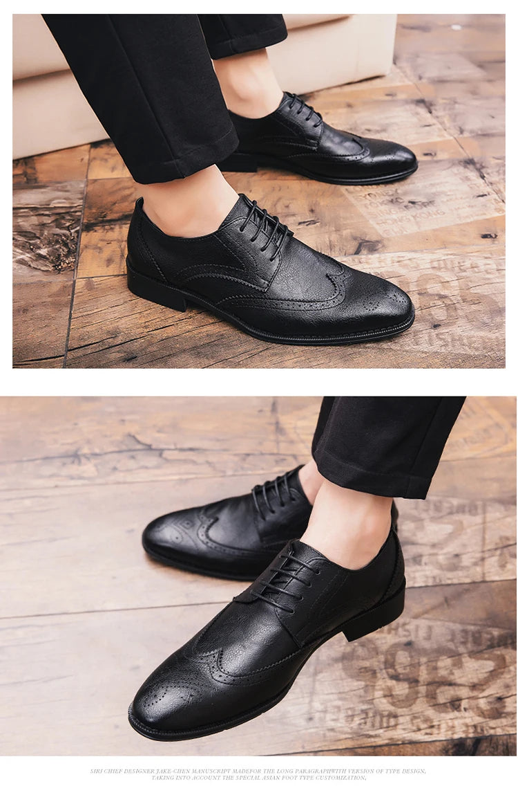 Lace-up casual leather shoes Men's wedding carved Brogues men's formal business pointed shoes Groom's leather shoes - Sun Studio