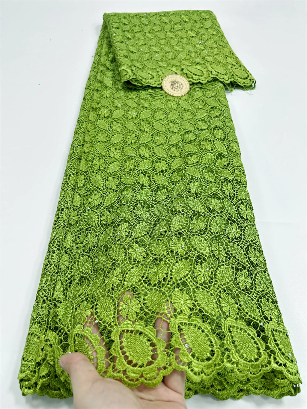2024 Peach African Guipure Cord Lace Fabric with Stones Chemical Lace Fabric Water Soluble Lace For Women Evening Party Dresses - Sun Studio