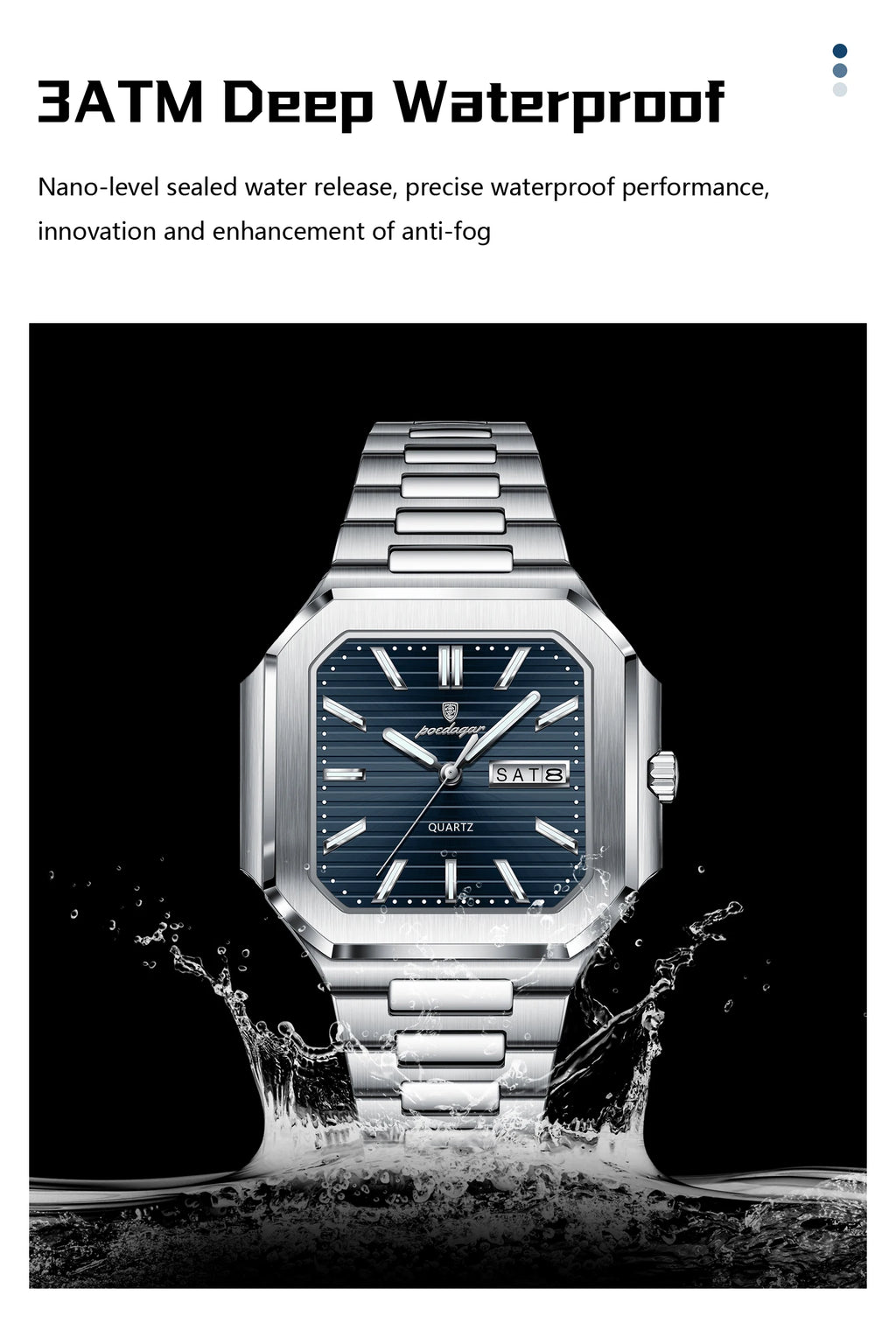 POEDAGAR Square Fashion Man Wristwatch Waterproof Luminous Date Week Quartz Men's Watches Stainless Steel Luxury Men Watch Reloj - Sun Studio