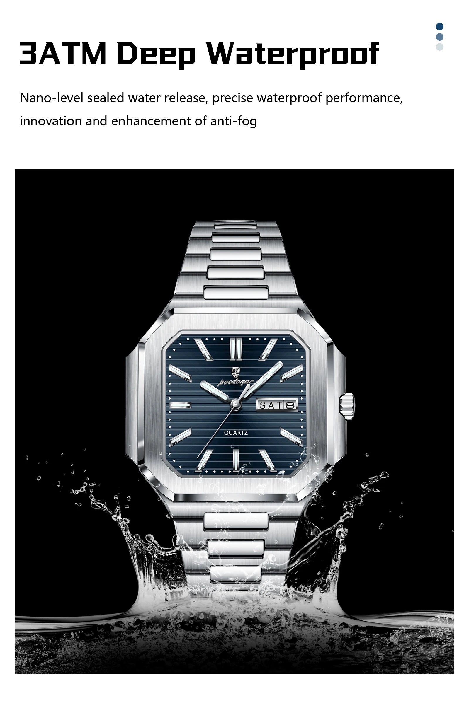 POEDAGAR Square Fashion Man Wristwatch Waterproof Luminous Date Week Quartz Men's Watches Stainless Steel Luxury Men Watch Reloj - Sun Studio