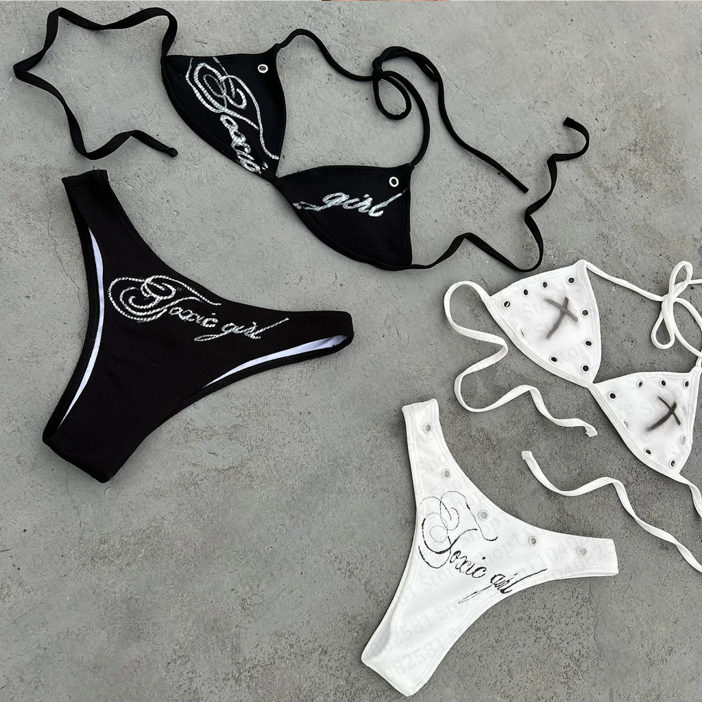 Fashionable letter printed sexy bikini set women's swimsuit patch swimsuit hot pants set summer casual niche fashion Y2k style - Sun Studio