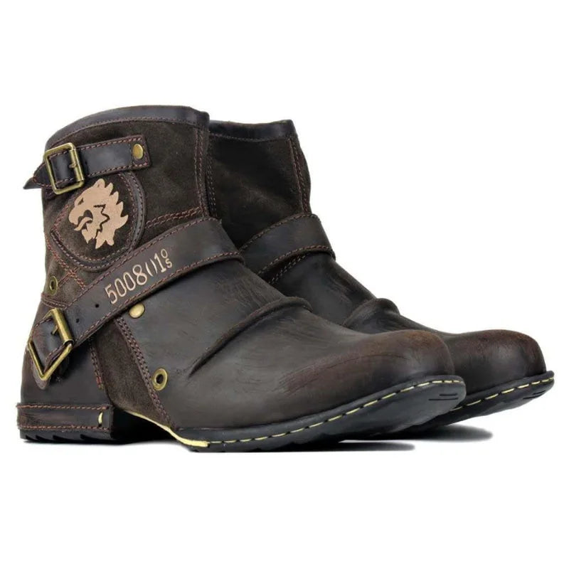 Men's Ankle Boots High Quality Cowboy Boots Men Metal Buckle Side Zipper Motorcycle Boots Gothic Boots Retro Western Boots - Sun Studio
